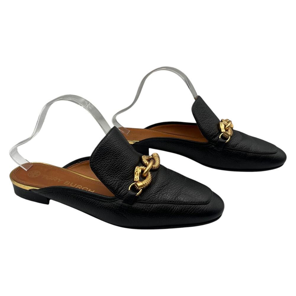 Tory Burch Jessa Chain Pebbled Leather Backless Loafers Mules Clogs Black Sz 9M - Picture 5 of 9